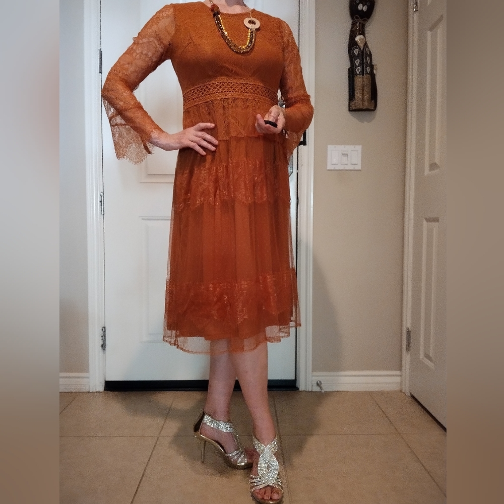 Indigo Tread Co. Dress Rusty brown Lined lace long sleeve size S